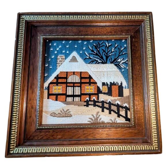 VTG Framed Crewel Longstitch Needlepoint Winter Cabin Rustic Handmade Art 12X12 - Picture 1 of 6